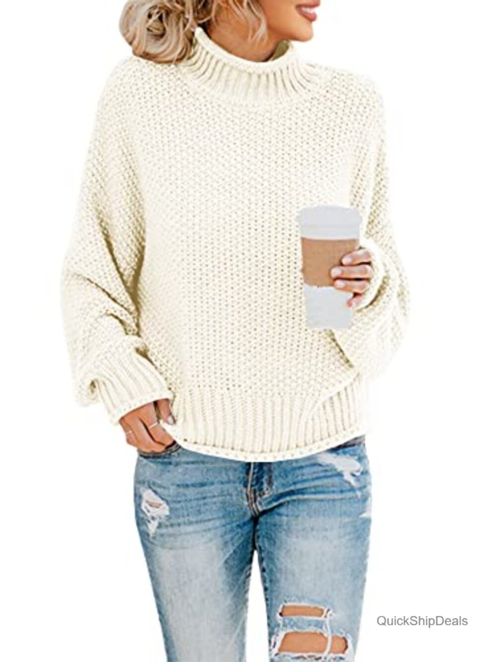 Turtleneck Oversized Sweater Batwing Sleeve Chunky Knit Pullover